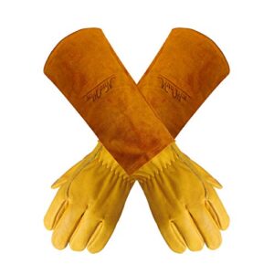 heavy duty long leather garden gloves thorn and cut proof garden work gloves (medium, yellow)