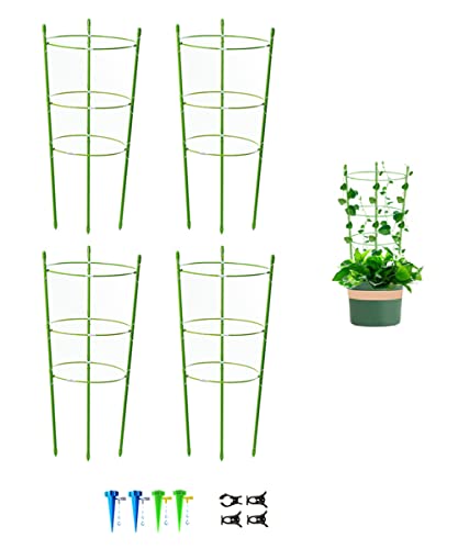 4 Pack Garden Plant Support Tomato Cage, Upgrade 18" Trellis for Climbing Plants, Plant Trellis Kits with 4 Self Watering Spikes and 20 Plant Clips (18")