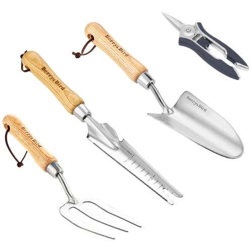 Berry&Bird Garden Tool Set, 4 PCS Stainless Steel Heavy Duty Gardening Tool Kit Includes Hand Trowel, 5 in 1 Shovel, Pruning Shears and Hand Fork with Ash Wood Handle for Weeding Transplanting Digging