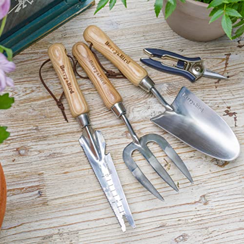 Berry&Bird Garden Tool Set, 4 PCS Stainless Steel Heavy Duty Gardening Tool Kit Includes Hand Trowel, 5 in 1 Shovel, Pruning Shears and Hand Fork with Ash Wood Handle for Weeding Transplanting Digging