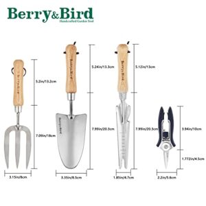 Berry&Bird Garden Tool Set, 4 PCS Stainless Steel Heavy Duty Gardening Tool Kit Includes Hand Trowel, 5 in 1 Shovel, Pruning Shears and Hand Fork with Ash Wood Handle for Weeding Transplanting Digging