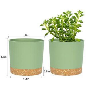 QCQHDU Plant Pots Set of 2 Pack 5 inch,Planters for Indoor Plants with Drainage Holes and Removable Base,Saucer Modern Decorative for Outdoor Garden Planters(Green 5in)