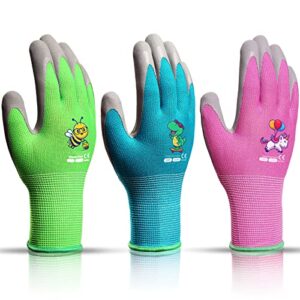 kdk ages 8-10 kids gardening gloves ,yard work gloves for toddlers, youth, girls, boys, childrens, soft safety rubber gloves (large age 8-10, 3 pairs green, blue&pink)
