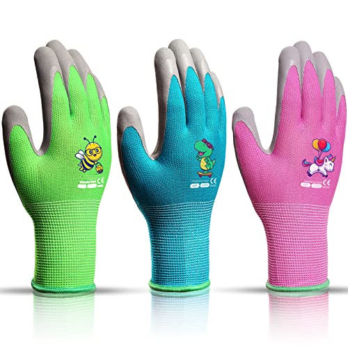 KDK Ages 8-10 Kids Gardening Gloves ,Yard Work Gloves for Toddlers, Youth, Girls, Boys, Childrens, Soft Safety Rubber Gloves (Large Age 8-10, 3 Pairs Green, Blue&Pink)