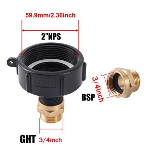 FOGWOWO IBC Tote Drain Adapter 2" NPS Thread x 3/4" Male Water Tank Adapter with 3/4" BSP Female x 3/4" GHT Male Pipe Connector IBC Tote Fittings Garden Hose Faucet Valve Fittings