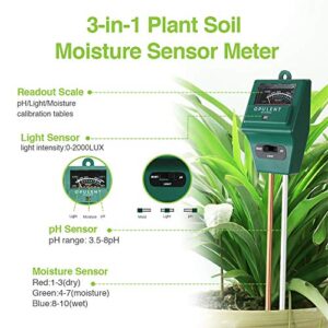 OPULENT SYSTEMS 3-in-1 Soil pH Meter Soil Moisture Light and pH Tester, Gardening Hand Tools for Indoor & Outdoor Garden Lawn Farm Plant Care