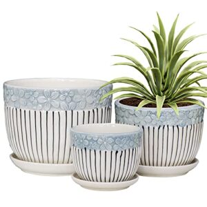 ton sin grey flower pots,texture planter for indoor plants set of 3 ceramic flower pots with saucer,cute garden pots succulent pots（3 pack,grey