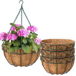amagabeli 4 pack hanging plant planter baskets 10 inch with coco coir liner round metal wire plant holder with chain porch decor flower pots hanger garden decoration indoor outdoor green bg401