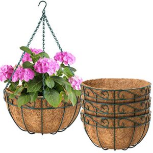 Amagabeli 4 Pack Hanging Plant Planter Baskets 10 Inch with Coco Coir Liner Round Metal Wire Plant Holder with Chain Porch Decor Flower Pots Hanger Garden Decoration Indoor Outdoor Green BG401