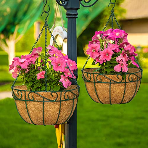 Amagabeli 4 Pack Hanging Plant Planter Baskets 10 Inch with Coco Coir Liner Round Metal Wire Plant Holder with Chain Porch Decor Flower Pots Hanger Garden Decoration Indoor Outdoor Green BG401