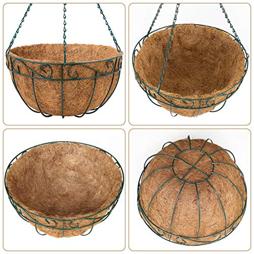 Amagabeli 4 Pack Hanging Plant Planter Baskets 10 Inch with Coco Coir Liner Round Metal Wire Plant Holder with Chain Porch Decor Flower Pots Hanger Garden Decoration Indoor Outdoor Green BG401
