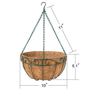 Amagabeli 4 Pack Hanging Plant Planter Baskets 10 Inch with Coco Coir Liner Round Metal Wire Plant Holder with Chain Porch Decor Flower Pots Hanger Garden Decoration Indoor Outdoor Green BG401