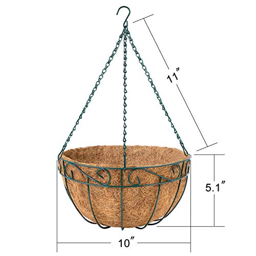 Amagabeli 4 Pack Hanging Plant Planter Baskets 10 Inch with Coco Coir Liner Round Metal Wire Plant Holder with Chain Porch Decor Flower Pots Hanger Garden Decoration Indoor Outdoor Green BG401