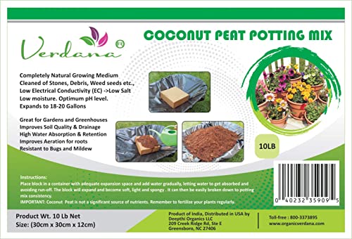 Verdana Coconut Fiber Potting Mix - 10 Lb Compressed Block Brick - Coco Coir, Coco Peat, Coir Pith - Alternative to Peat Moss – Soilless Growing Medium - Low EC, Optimum pH, High Expansion