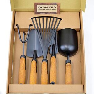 Olmsted Forge Garden Tool Set, 5 Pieces, Heavy Duty Powder Coated Steel, Cork Handle