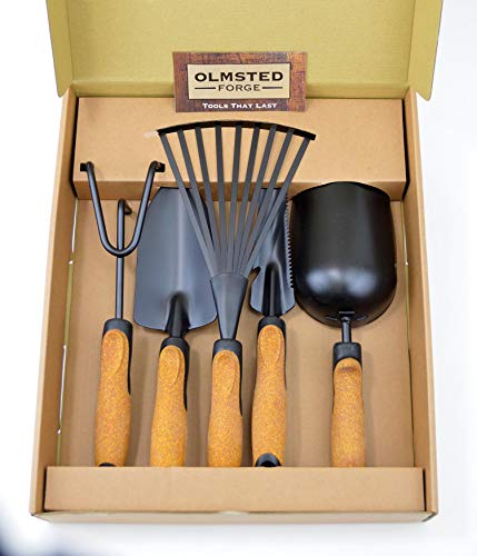 Olmsted Forge Garden Tool Set, 5 Pieces, Heavy Duty Powder Coated Steel, Cork Handle