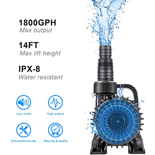 OYO WATER 1800 GPH Pond Pump Waterfall Pumps Submersible Outdoor Water Fountain Pump with Barrier Pump Bag 32.8FT POWER CORD