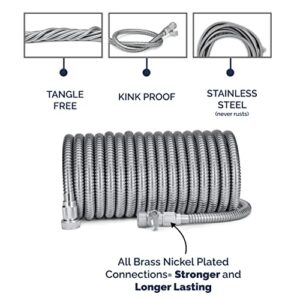 Morvat Stainless Steel Expandable Garden Hose 100 FT, Metal Water Hose Garden hose Water Pipe Flexible Hose ON/OFF Brass Connection, 10 Pattern Hose Sprayer Nozzle, Hose Holder, Washers & Teflon Tape