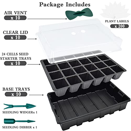 Halatool 10 Pack Seed Starter Tray Black Seedling Starter Trays with Humidity Dome Reusable Seed Starting Trays 240 Cells Seed Starter Kit with 2 Garden Tools & 200 Plant Labels for Seeds Starting