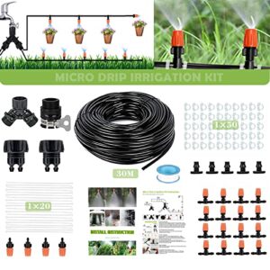 ncuubr 101 pcs drip irrigation kit, garden irrigation system with 99ft 1/4″ distribution tubing hose, adjustable plant watering sprinkler system for garden lawn, patio, with installation steps