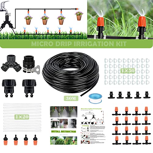 NCUUBR 101 Pcs Drip Irrigation Kit, Garden Irrigation System with 99FT 1/4" Distribution Tubing Hose, Adjustable Plant Watering Sprinkler System for Garden Lawn, Patio, with Installation Steps