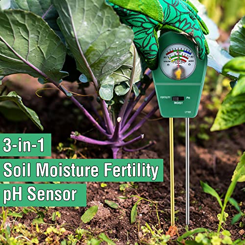 Soil Tester 3 in 1 Moisture/Fertility/pH Tester Garden Planting Kit, Soil pH Sensor Meter for Plant Care, Water Hydrometer Humidity Tester for Indoor Outdoor Lawn Patio Farm Use, No Battery Required