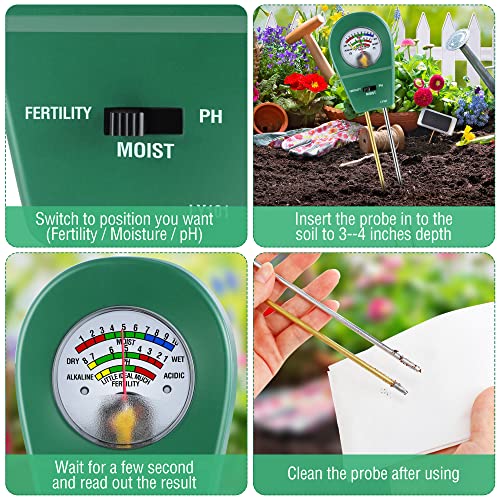 Soil Tester 3 in 1 Moisture/Fertility/pH Tester Garden Planting Kit, Soil pH Sensor Meter for Plant Care, Water Hydrometer Humidity Tester for Indoor Outdoor Lawn Patio Farm Use, No Battery Required