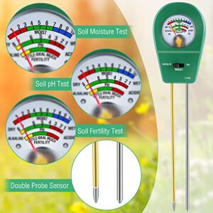 Soil Tester 3 in 1 Moisture/Fertility/pH Tester Garden Planting Kit, Soil pH Sensor Meter for Plant Care, Water Hydrometer Humidity Tester for Indoor Outdoor Lawn Patio Farm Use, No Battery Required