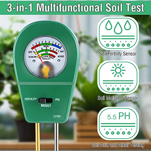 Soil Tester 3 in 1 Moisture/Fertility/pH Tester Garden Planting Kit, Soil pH Sensor Meter for Plant Care, Water Hydrometer Humidity Tester for Indoor Outdoor Lawn Patio Farm Use, No Battery Required