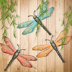 awareisn metal dragonfly outdoor wall decor dragonfly metal wall art outdoor hanging decorations for garden shed,yard,patio,fence,porch,orange blue red 13.77×9.84 inches 3 pack