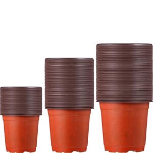 100 pieces plastic plant nursery pots reusable plant seeding nursery pot flower plant containers seed starting pots for gardens, 3 sizes (brown)