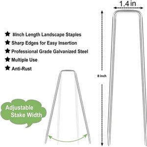 U&MEI Landscape Staples, 8" Heavy-Duty Garden Stakes Ground Landscape Pins,U-Shaped Galvanized Securing Weed Fabric Landscape Fabric Netting Ground Sheets and Camping Tent 50 Pack (8.0inch)