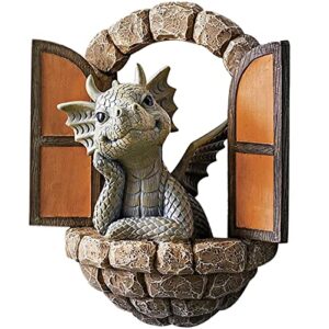 courtyard dragon carving ornament dragon gate statue resin garden dragon statue dragon meditating by the window garden dragon sculpture decorative dragon (happy dragon no. 1)
