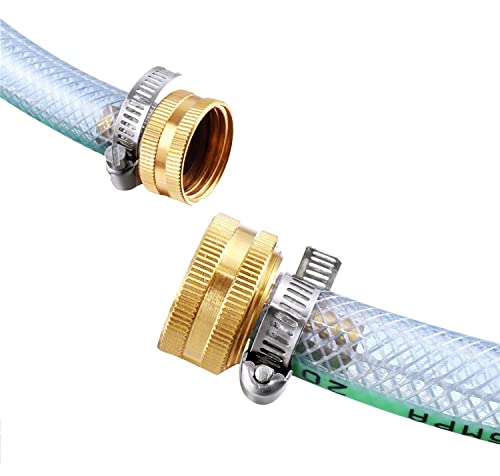 Hooshing 2PCS 3/4" Barb x 3/4" Female GHT Thread Soild Brass Garden Hose Repair Kit Female Hose End Mender Water Hose Connector with Stainless Clamp