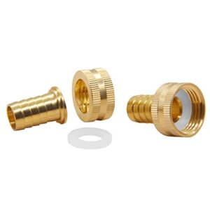 Hooshing 2PCS 3/4" Barb x 3/4" Female GHT Thread Soild Brass Garden Hose Repair Kit Female Hose End Mender Water Hose Connector with Stainless Clamp