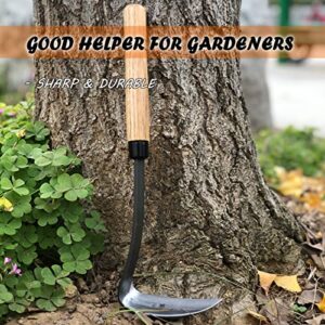 SHANFEEK Japanese Weeding Sickle Hoe Gardening Tools 13-Inch Weed Remover Tool High-Carbon Steel One-Piece Molding with Hard Solid Wood Handle(Snake-Necked)