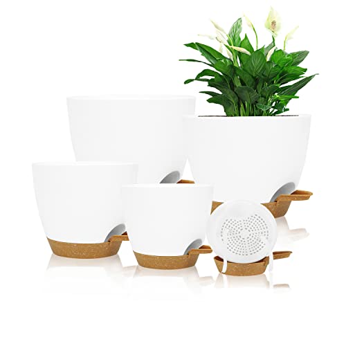 Self Watering Planters with Drainage Holes Reservoir,Nursery Planting Pot for Indoor Decor Garden Plants Succulents,Snake Plant, African Violet,Plastic Flower Pots Set 7+6.5+6+5.5+5 Inch (White)