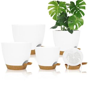 Self Watering Planters with Drainage Holes Reservoir,Nursery Planting Pot for Indoor Decor Garden Plants Succulents,Snake Plant, African Violet,Plastic Flower Pots Set 7+6.5+6+5.5+5 Inch (White)