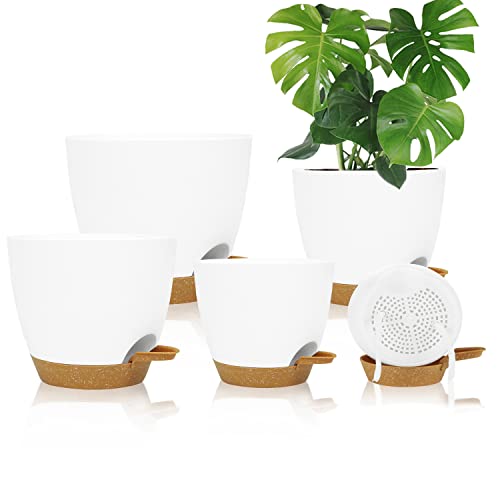 Self Watering Planters with Drainage Holes Reservoir,Nursery Planting Pot for Indoor Decor Garden Plants Succulents,Snake Plant, African Violet,Plastic Flower Pots Set 7+6.5+6+5.5+5 Inch (White)