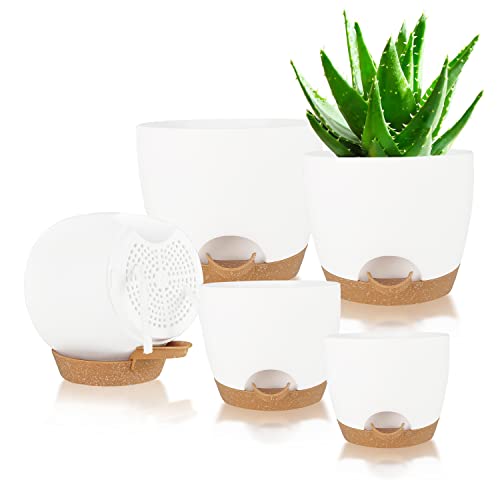 Self Watering Planters with Drainage Holes Reservoir,Nursery Planting Pot for Indoor Decor Garden Plants Succulents,Snake Plant, African Violet,Plastic Flower Pots Set 7+6.5+6+5.5+5 Inch (White)