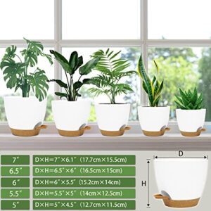 Self Watering Planters with Drainage Holes Reservoir,Nursery Planting Pot for Indoor Decor Garden Plants Succulents,Snake Plant, African Violet,Plastic Flower Pots Set 7+6.5+6+5.5+5 Inch (White)