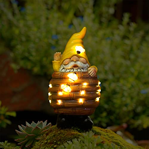 Garden Gnome Statue Decor Bee Solar Gnome Figurine in Resin Bucket with Solar LED Lights Garden Gnome Decoration for Patio Yard Lawn Porch Garden Gifts