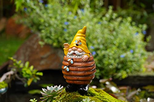 Garden Gnome Statue Decor Bee Solar Gnome Figurine in Resin Bucket with Solar LED Lights Garden Gnome Decoration for Patio Yard Lawn Porch Garden Gifts