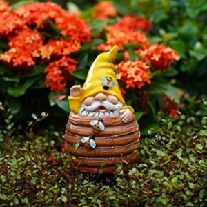 Garden Gnome Statue Decor Bee Solar Gnome Figurine in Resin Bucket with Solar LED Lights Garden Gnome Decoration for Patio Yard Lawn Porch Garden Gifts