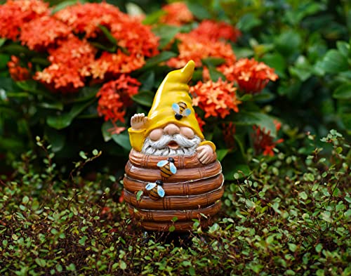 Garden Gnome Statue Decor Bee Solar Gnome Figurine in Resin Bucket with Solar LED Lights Garden Gnome Decoration for Patio Yard Lawn Porch Garden Gifts