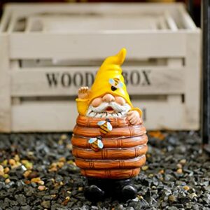 Garden Gnome Statue Decor Bee Solar Gnome Figurine in Resin Bucket with Solar LED Lights Garden Gnome Decoration for Patio Yard Lawn Porch Garden Gifts