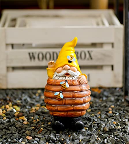 Garden Gnome Statue Decor Bee Solar Gnome Figurine in Resin Bucket with Solar LED Lights Garden Gnome Decoration for Patio Yard Lawn Porch Garden Gifts