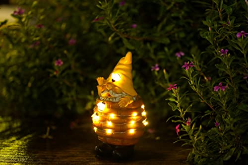 Garden Gnome Statue Decor Bee Solar Gnome Figurine in Resin Bucket with Solar LED Lights Garden Gnome Decoration for Patio Yard Lawn Porch Garden Gifts