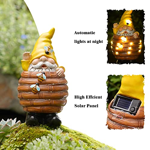 Garden Gnome Statue Decor Bee Solar Gnome Figurine in Resin Bucket with Solar LED Lights Garden Gnome Decoration for Patio Yard Lawn Porch Garden Gifts