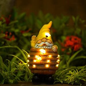 Garden Gnome Statue Decor Bee Solar Gnome Figurine in Resin Bucket with Solar LED Lights Garden Gnome Decoration for Patio Yard Lawn Porch Garden Gifts